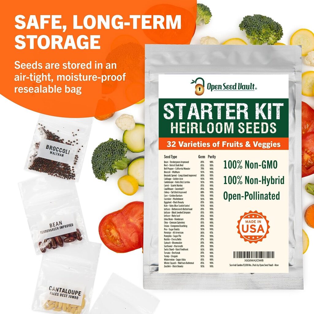 Open Seed Vault 15,000 Heirloom Seeds Non GMO Organic for Planting Vegetables  Fruits (32 Variety Pack) - Gardening Seed Starter Kit, Survival Gear Food, Gardening Gifts, Emergency Supplies - Premium Quality, High Yield Produce (Packaging May Vary)