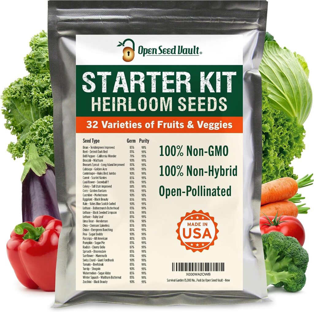 Open Seed Vault 15,000 Heirloom Seeds Non GMO Organic for Planting Vegetables  Fruits (32 Variety Pack) - Gardening Seed Starter Kit, Survival Gear Food, Gardening Gifts, Emergency Supplies - Premium Quality, High Yield Produce (Packaging May Vary)
